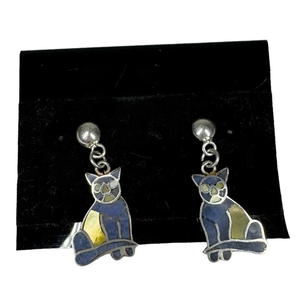 Vintage Sterling Silver Cat Earrings Post Stud 950 Lapis Lazuli Abalone Kitty - Picture 1 of 6